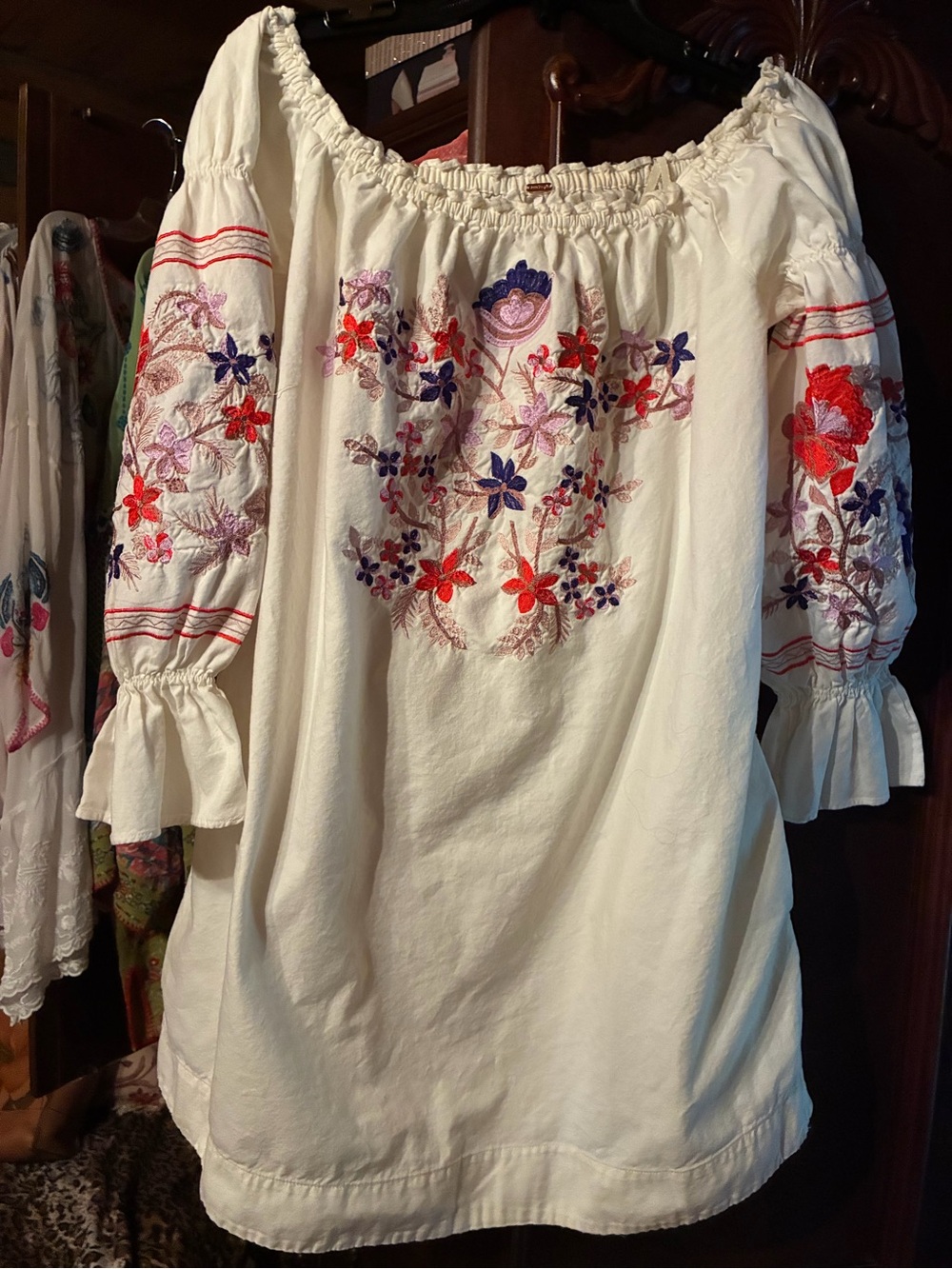 Free People Cream Off-Shoulder Ruffled Top stunning embroidery!!